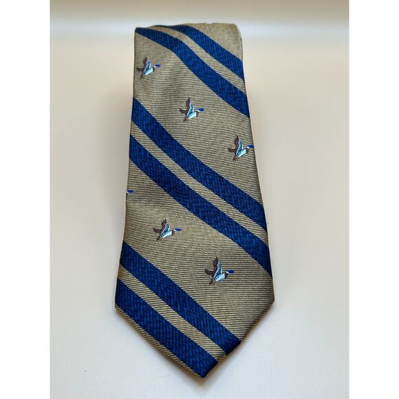 JOS.A.BANK 1905 GOLDENROD BLUE DECO STRIPE/DUCKS SILK NECKTIE - Picture 1 of 4